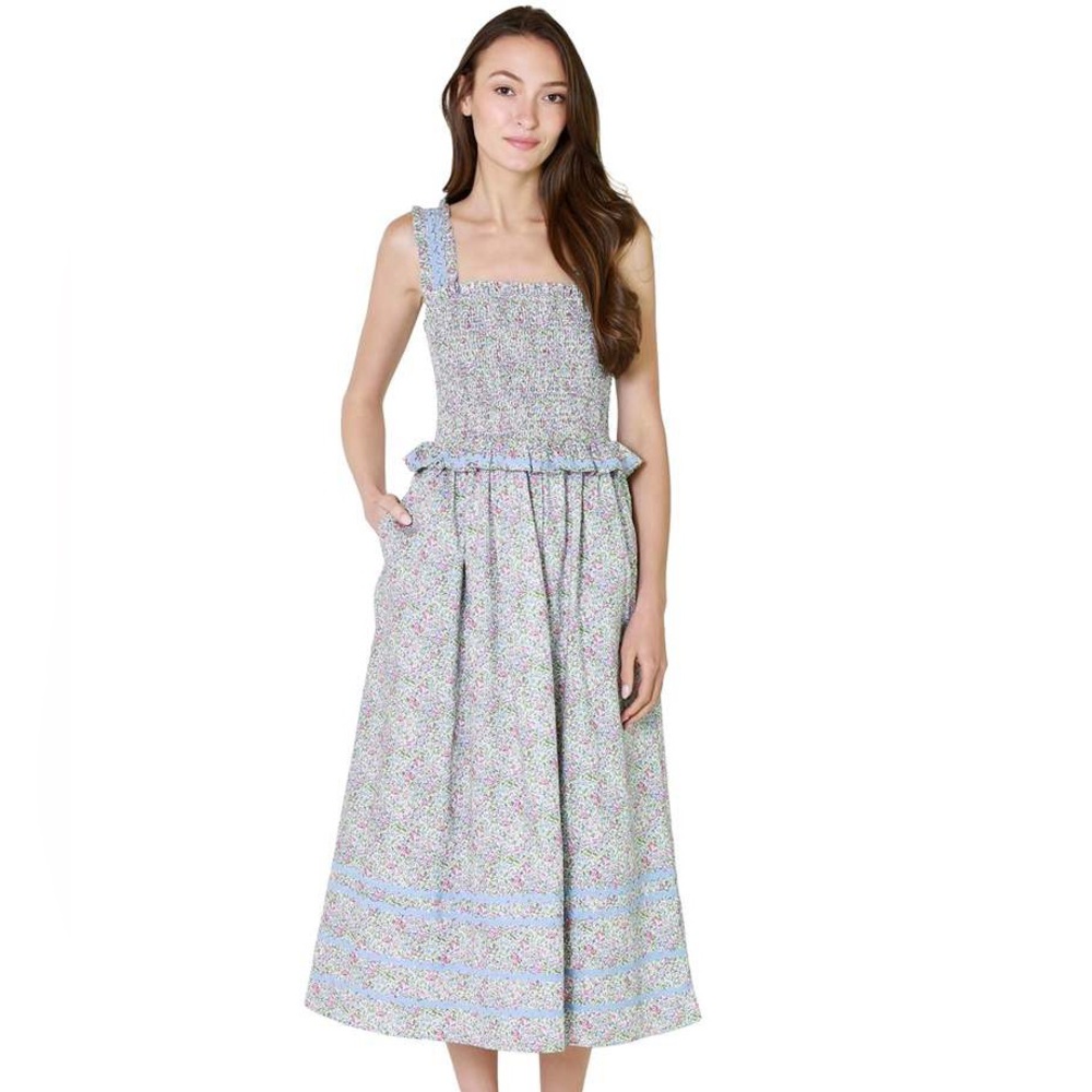 Neuflora Sydney Floral Blue Ric Rac Midi Cottagecore Dress